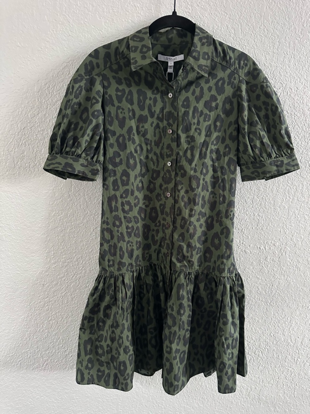 Derek Lam 10 Crosby Leopard Print Shirt Dress Olive Black Puff Sleeve Sz 0 NWT